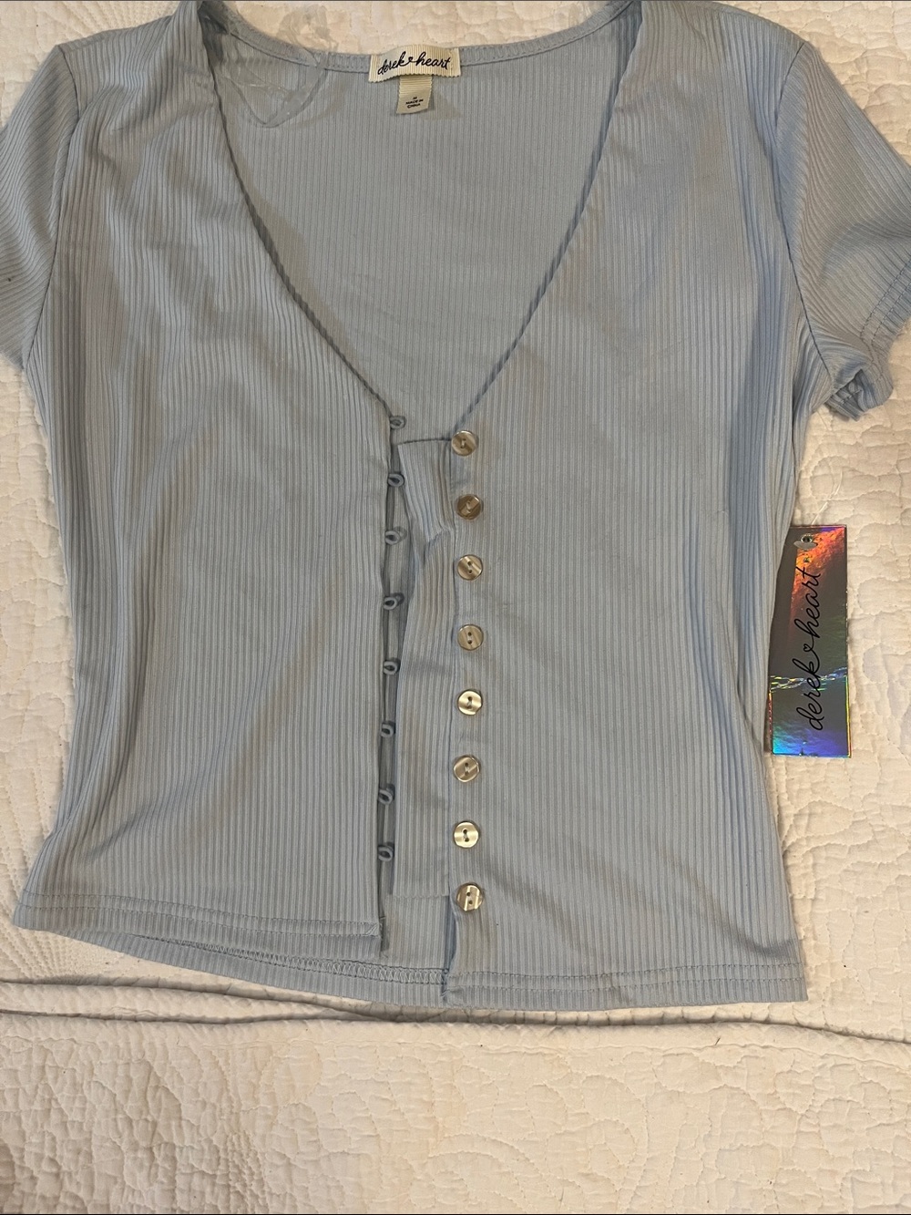 Light Blue Ribbed Button-Front V-Neck Top - Picture 4 of 4